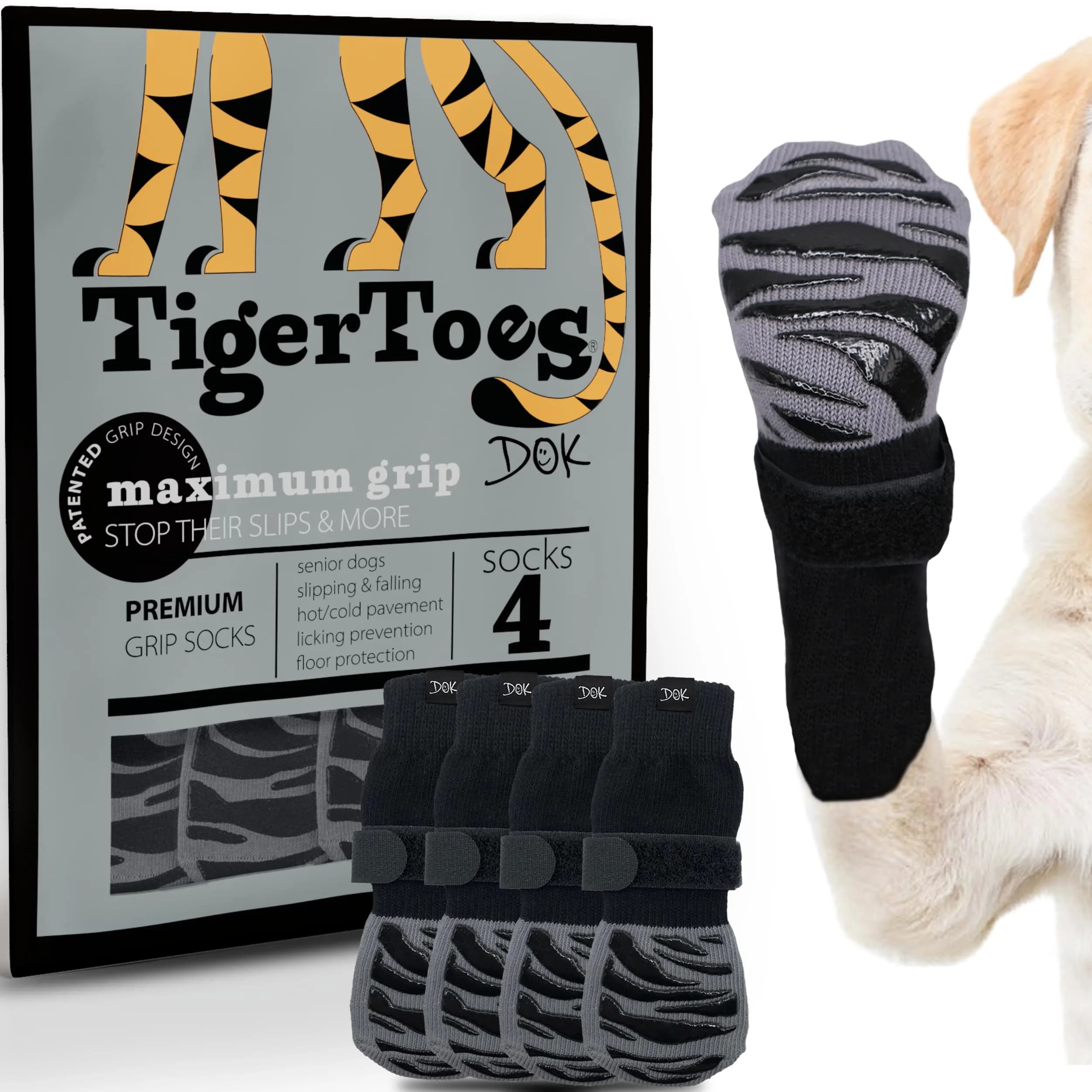 DOK TigerToes XXXL Non-Slip Dog Socks (9.4" Length / 23.8cm) | Extra-Thick Grip for Hardwood Floors & Hot Pavement