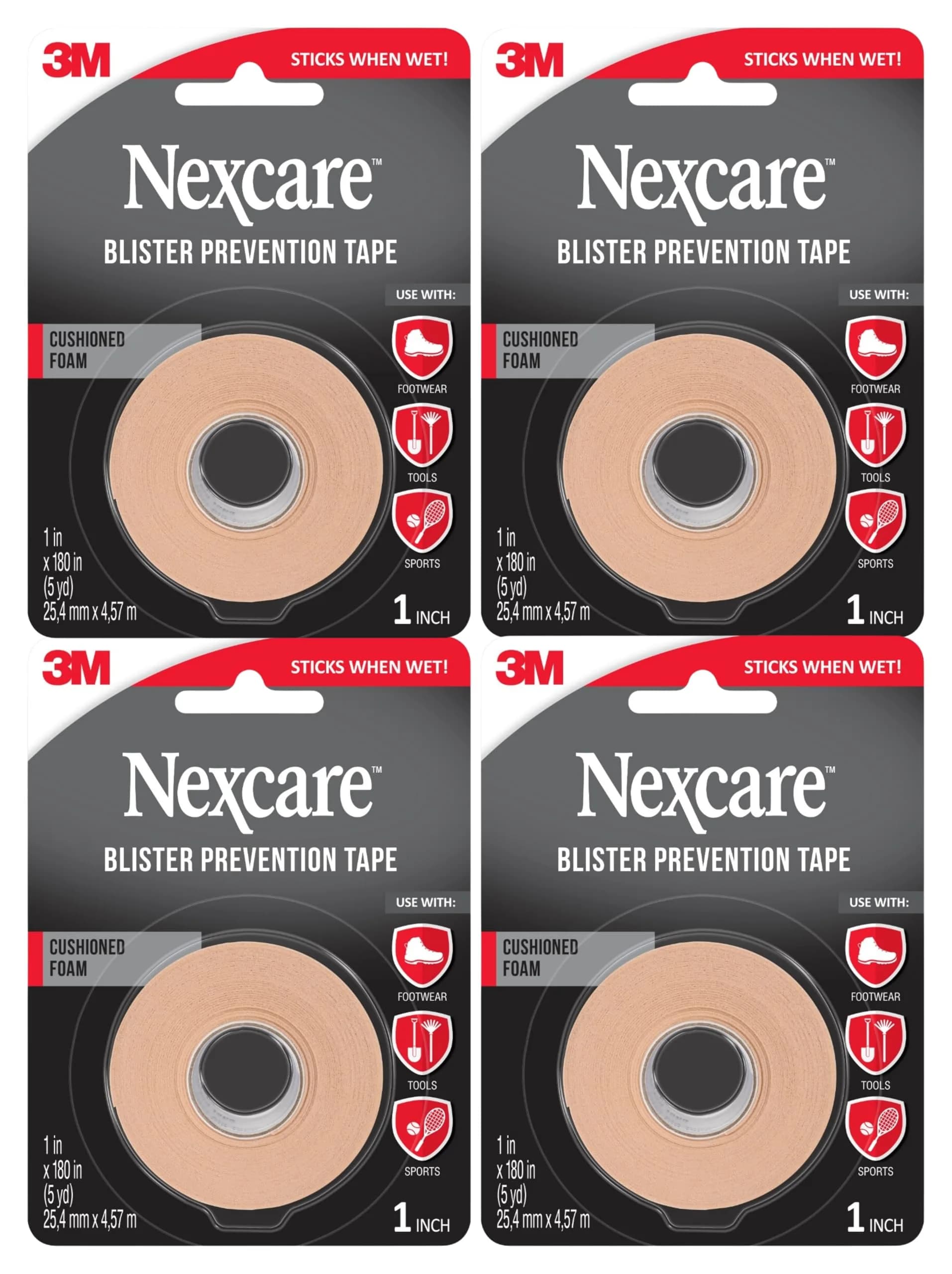 Nexcare Blister Prevention Tape 4 Rolls (1 in x 5 yds each) | Waterproof Foam Medical Tape for Feet, Hands, Toes - main product image