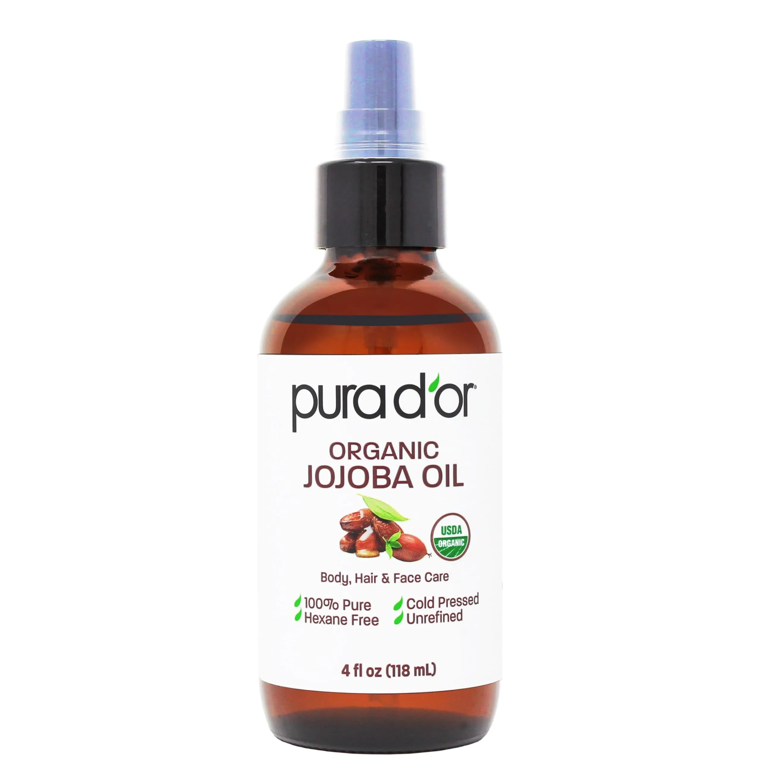 PURA D'OR Organic Rosehip Seed Oil 4 Fl Oz (118ml) | USDA Certified Pure Cold Pressed for Hair, Skin, Scalp — Jojoba Oil / 4 Fl Oz