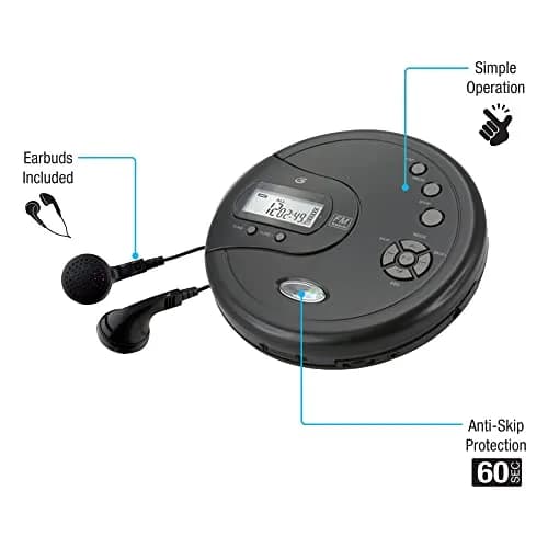 GPX PC332B Portable CD Player with FM Radio & Earbuds - Black, Pack of 6 | 18.79cm (7.4in) x 15.49cm (6.1in) x 4.7cm (1.85in) thumbnail 2