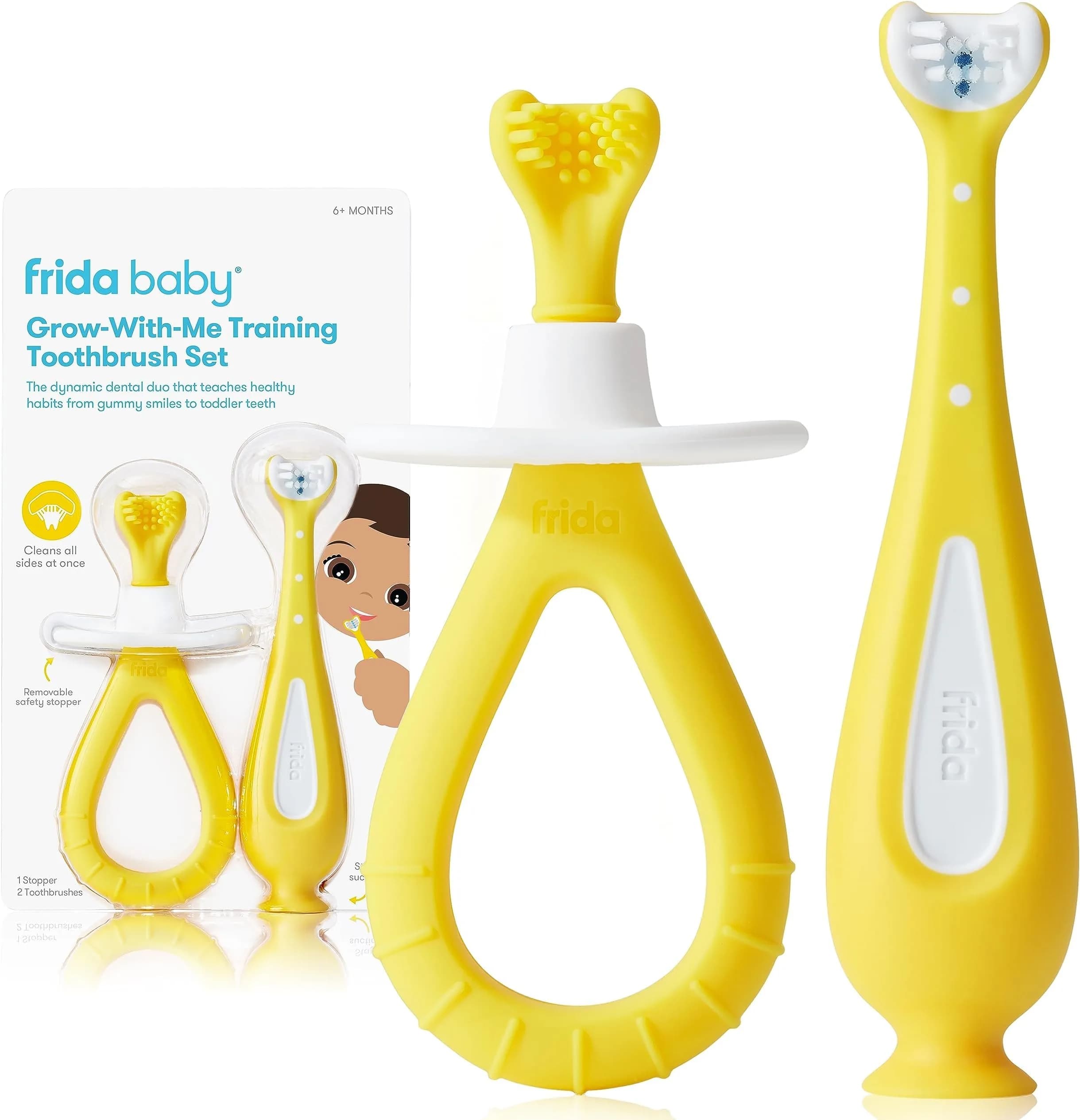 Frida Baby Grow-with-Me Training Toothbrush Set, 6-18 Months, Yellow | Gentle Silicone Bristles for Sensitive Gums — Yellow