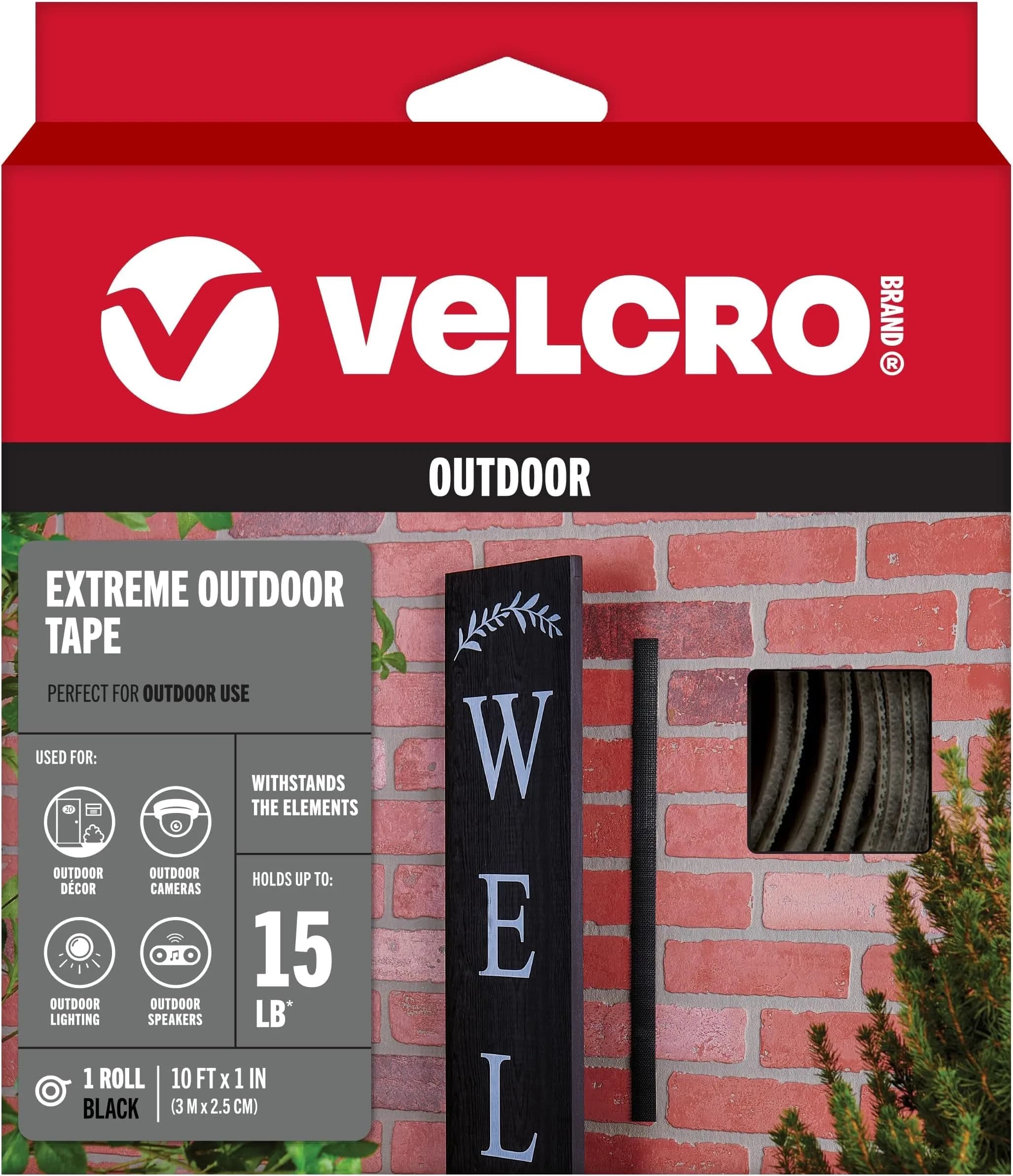 VELCRO Brand Extreme Outdoor Heavy Duty Tape 10ft x 1in (3.04m x 2.54cm) Black | Holds 15 lbs (6.8 kg) per 1-inch strip - main product image