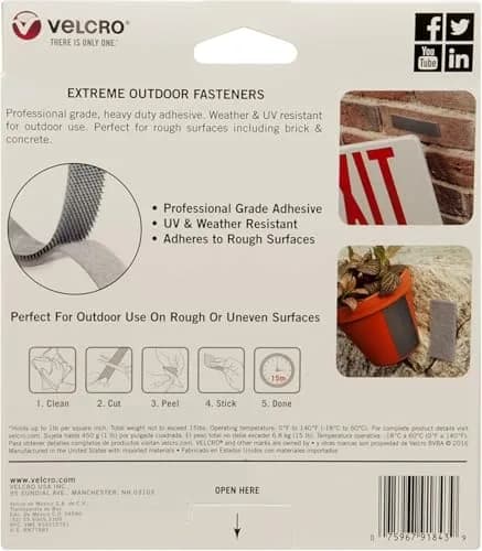 VELCRO Brand Extreme Outdoor Heavy Duty Tape 10ft x 1in (3.04m x 2.54cm) Black | Holds 15 lbs (6.8 kg) per 1-inch strip thumbnail 5