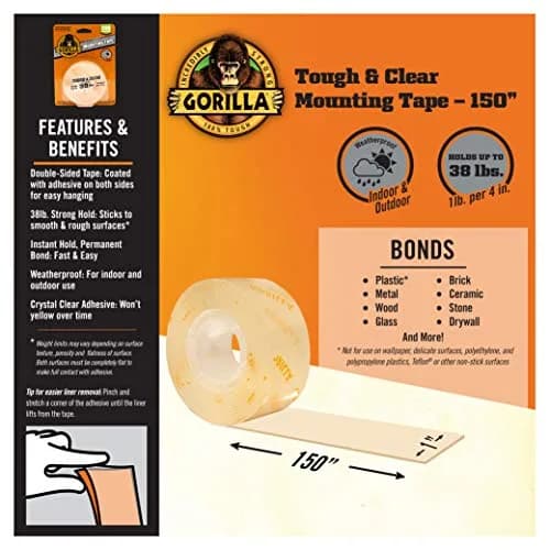 Gorilla Tough & Clear Double Sided Mounting Tape 1" x 150" (Pack of 6) | Weatherproof for Indoor/Outdoor thumbnail 2