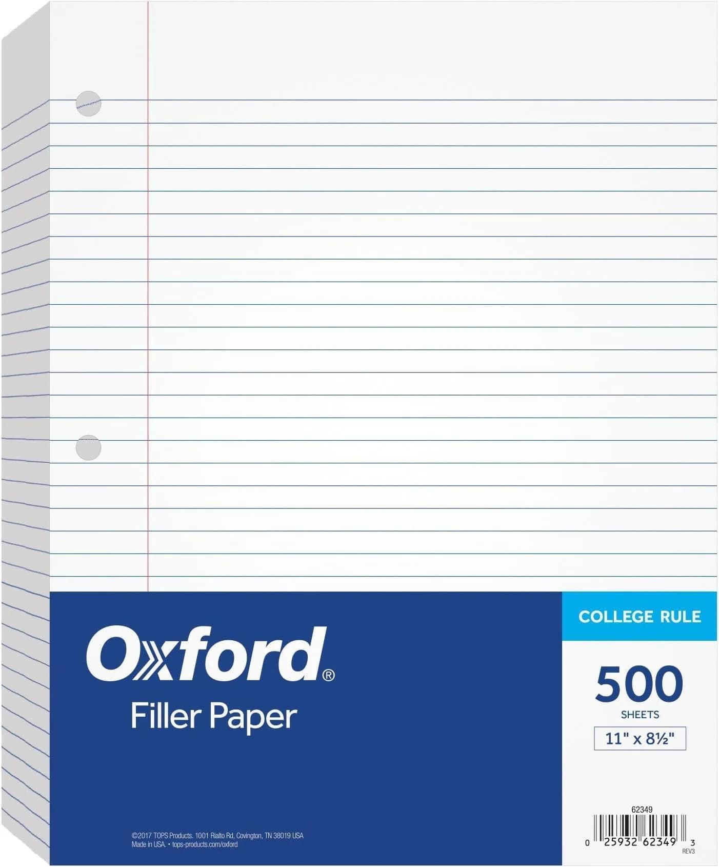 Oxford Loose Leaf Paper 8.5" x 11" | College Ruled, 500 Sheets, 3-Hole Punched (Pack of 10) - main product image
