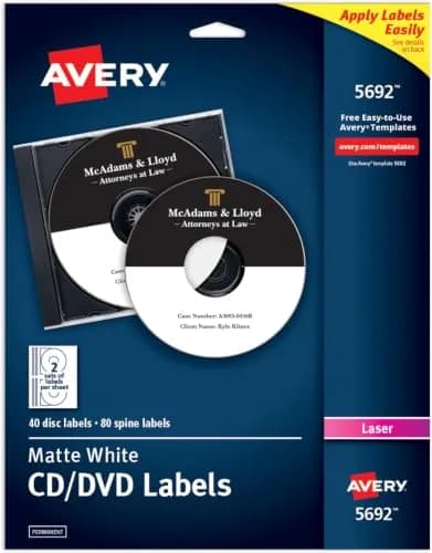 Avery Printable CD Labels, Matte White, Permanent Adhesive | Laser Printable for DVDs & PC Discs thumbnail 1
