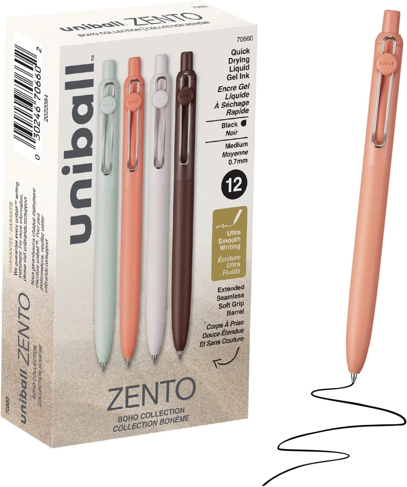 Uni-Ball Zento Liquid Gel Ink Retractable Pens, Medium Point (0.7mm), Boho Barrels, Black Ink, 144 Count | Smooth Writing Gel Pens for Students & Office