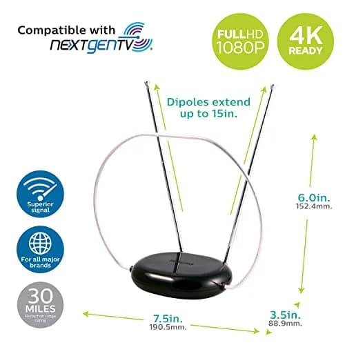Philips Rabbit Ears Indoor TV Antenna | 4K/1080p Compatible, Pack of 6, Tabletop Design thumbnail 3
