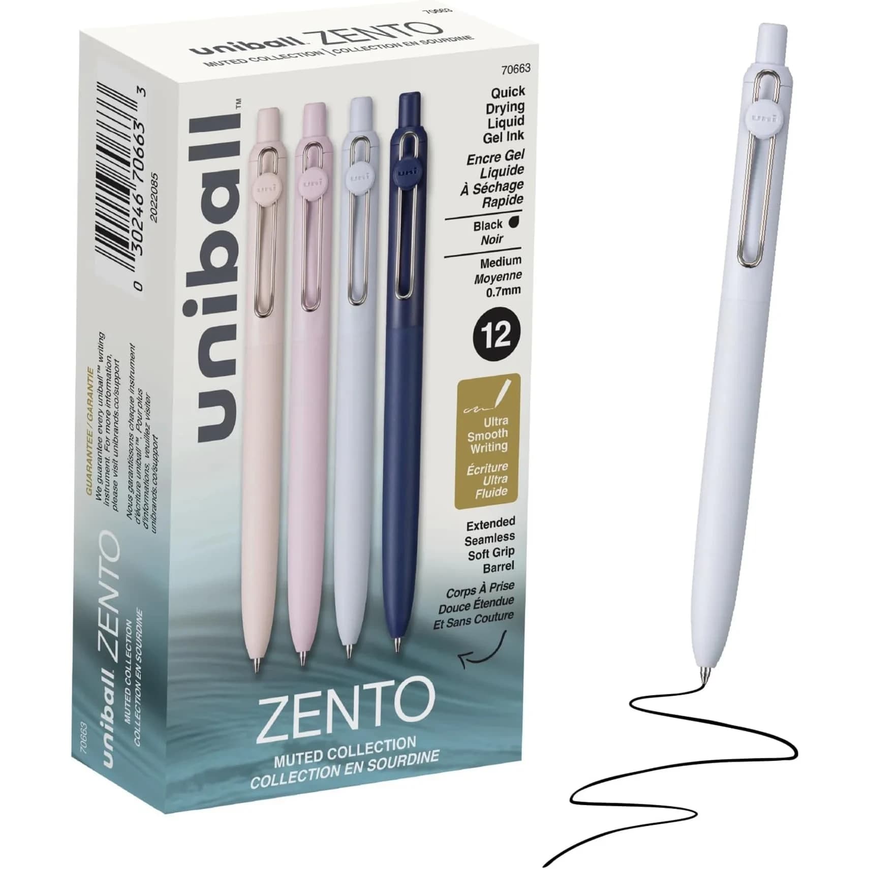 Uni-Ball Zento Gel Pens Black Ink 0.7mm Medium Point 12 Count | Smooth Writing for Students & Office — Muted Barrels