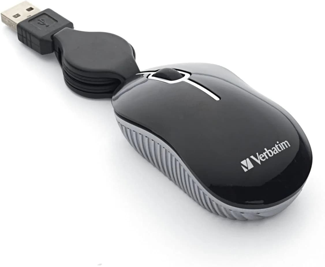 Verbatim Mini Travel Optical Mouse, USB 2.0, Retractable Cable, Blue | Compact, Precise & Portable — Black