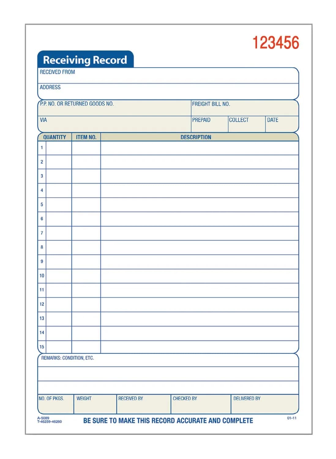 Adams Receiving Record Book, 2-Part, Carbonless, 8-7/16 x 5-9/16 Inches, White, 50 Sets | Professional Recordkeeping - main product image