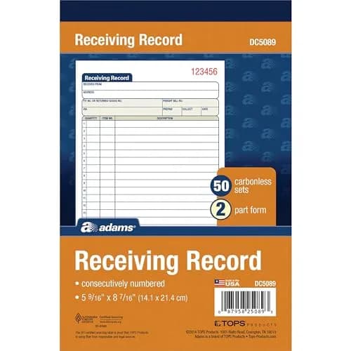 Adams Receiving Record Book, 2-Part, Carbonless, 8-7/16 x 5-9/16 Inches, White, 50 Sets | Professional Recordkeeping thumbnail 2
