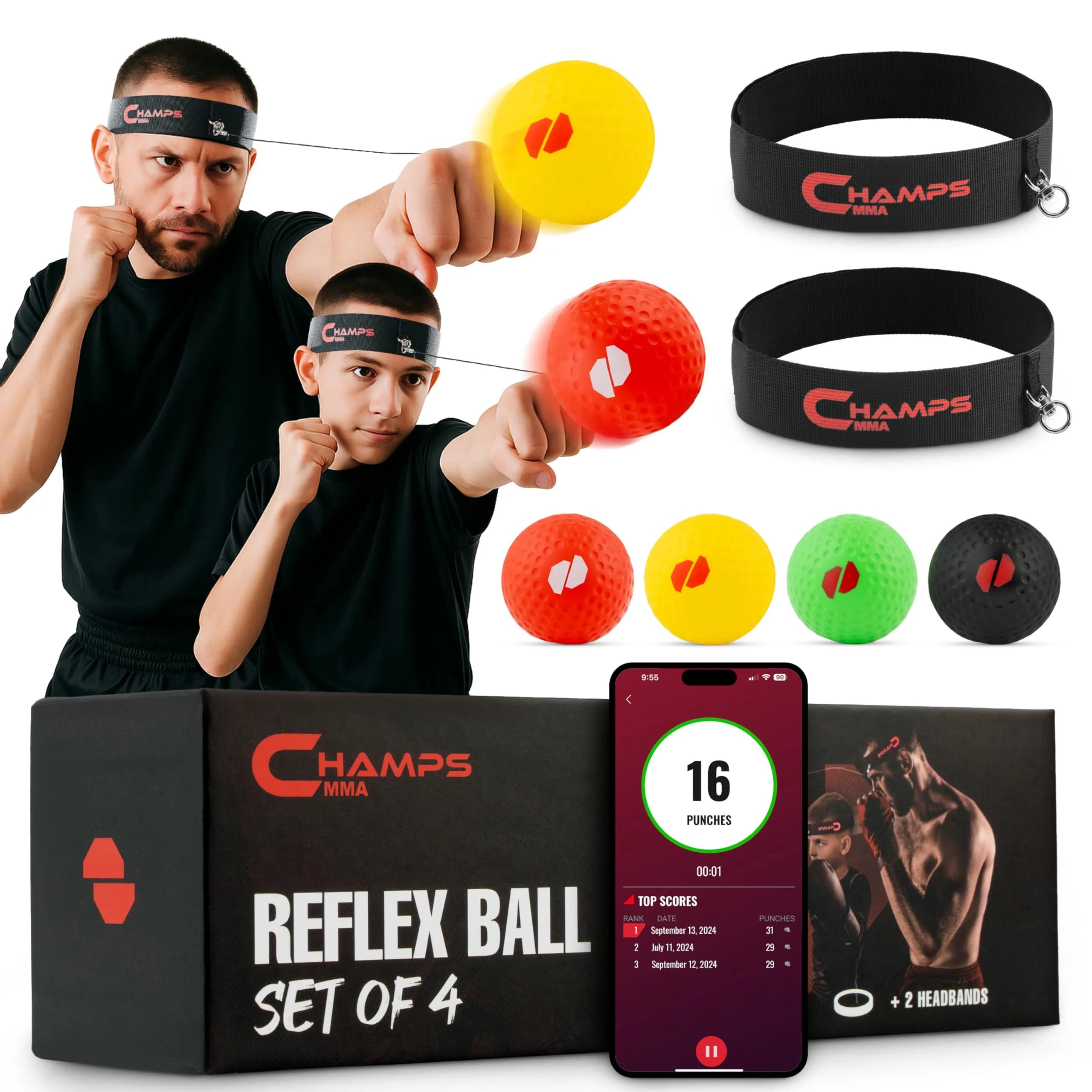Champs MMA Reflex Ball Set with Punch Counter | 4 Varying Weights, Headband & Strings — 2 Headbands + 4 Balls