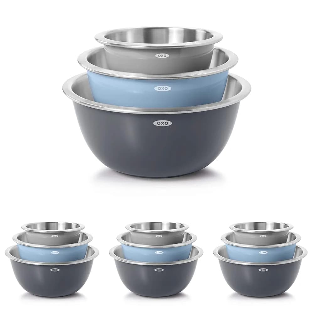 OXO Good Grips Stainless Steel Mixing Bowl Set - 3-Piece, 1.9L (1.5qt) / 2.8L (3qt) / 4.7L (5qt) | Nesting Bowls for Baking & Cooking — Blue/Gray