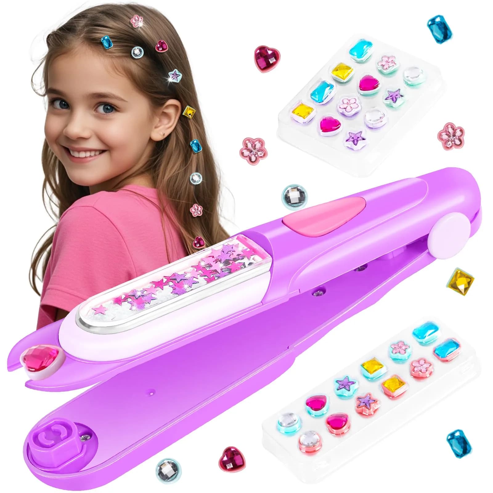kidzkube Hair Gem Stamper Kit with 24 Diamonds & Reusable Gems | Easy to Use for Kids Ages 3-12 — Purple