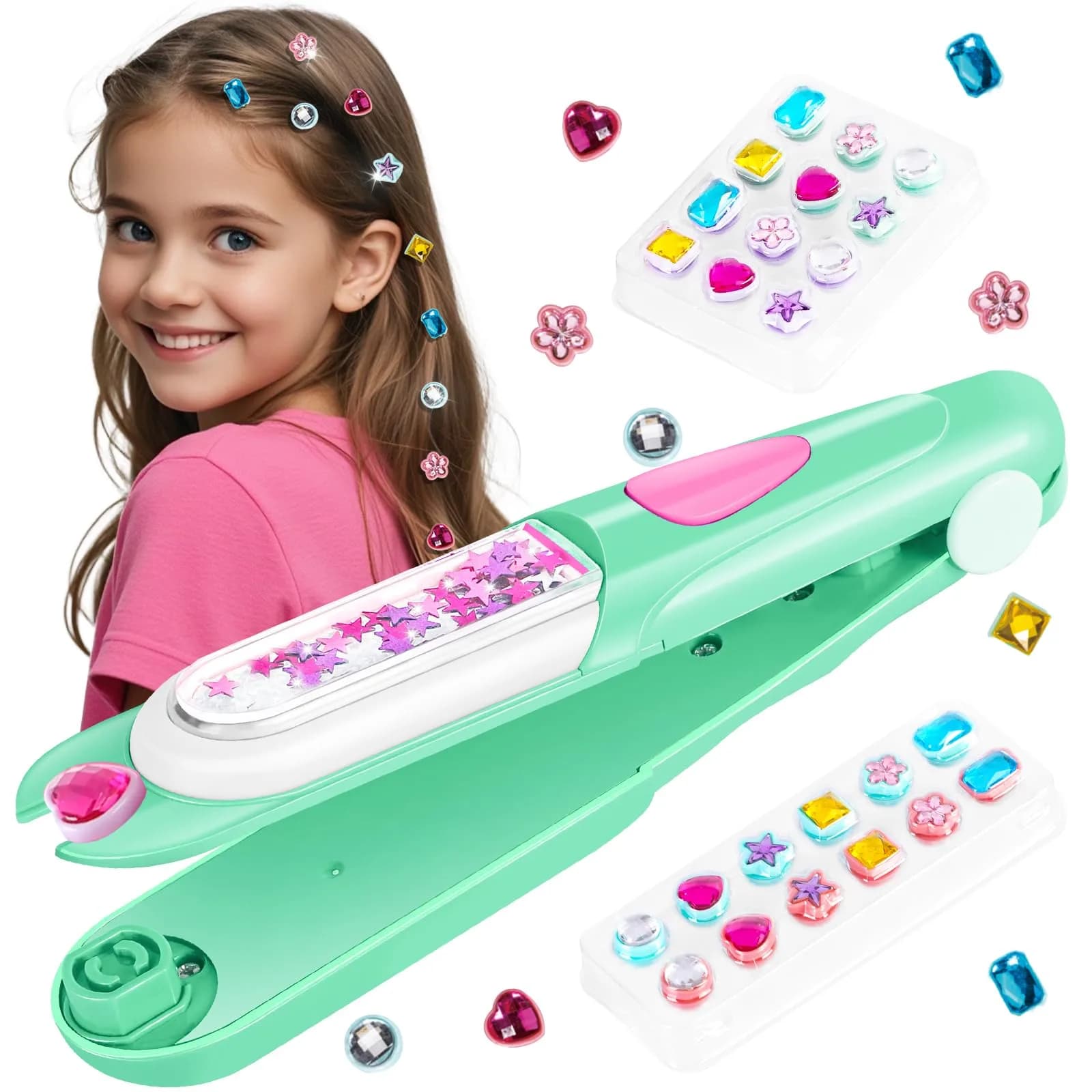 kidzkube Hair Gem Stamper Kit with 24 Diamonds & Reusable Gems | Easy to Use for Kids Ages 3-12 — Green
