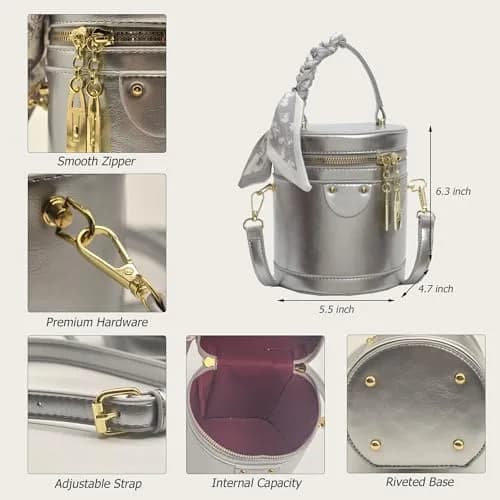 SYHTBYOH Cylinder Bucket Crossbody Bag for Women Vegan Leather Small 5.5"L x 4.7"W x 6.3"H | Casual & Elegant thumbnail 4