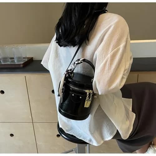 SYHTBYOH Cylinder Bucket Crossbody Bag for Women Vegan Leather Small 5.5"L x 4.7"W x 6.3"H | Casual & Elegant thumbnail 6