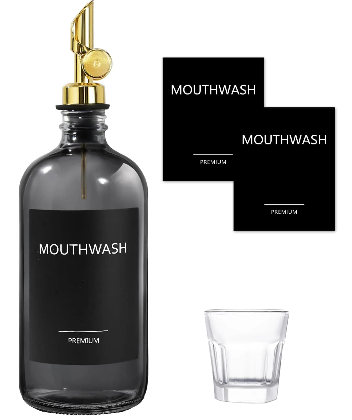 TOLDATLI Glass Mouthwash Dispenser with Cup 502ml (17 fl oz) | Auto Flip Pour Cap for Hygienic Oral Care — Clear Black