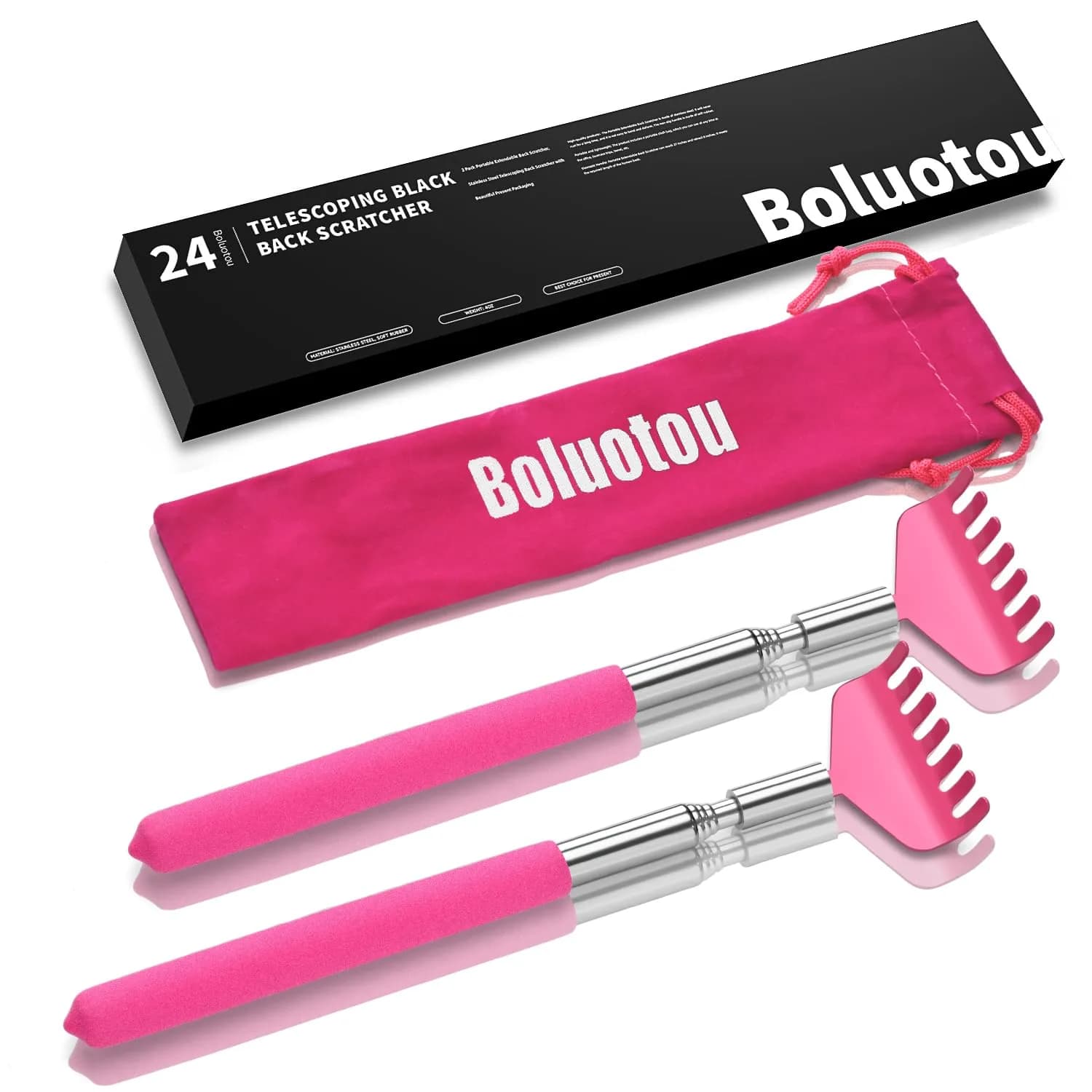 Kuvvfe 2 Pack Extendable Back Scratcher 61cm (24 inches) | Stainless Steel Telescoping with Rubber Grip — D-pink Red