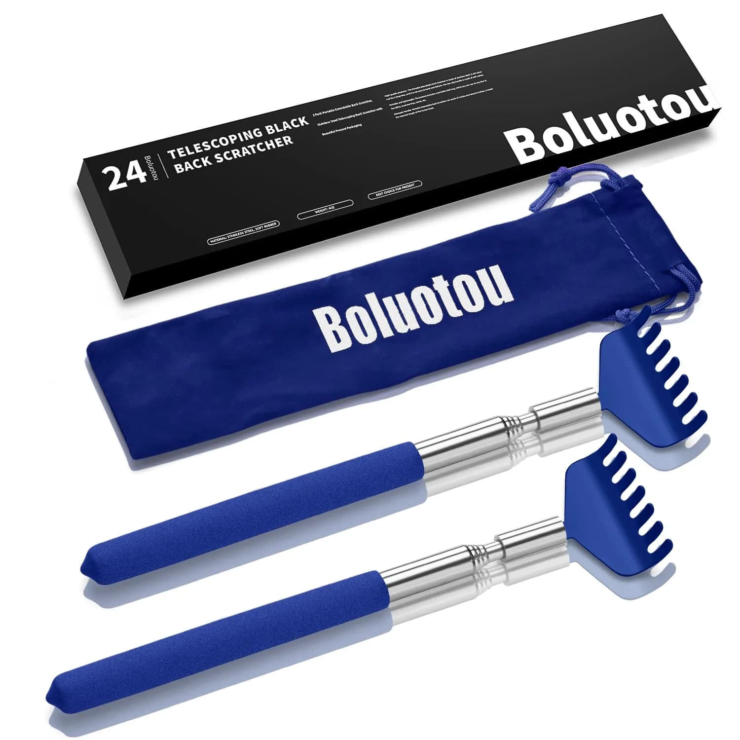 Kuvvfe 2 Pack Extendable Back Scratcher 61cm (24 inches) | Stainless Steel Telescoping with Rubber Grip — B-blue