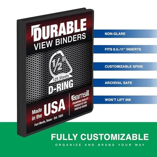 Samsill Durable 0.5 Inch D-Ring Binder | Customizable Clear View Cover, Charcoal Black, Holds 125 Pages thumbnail 2