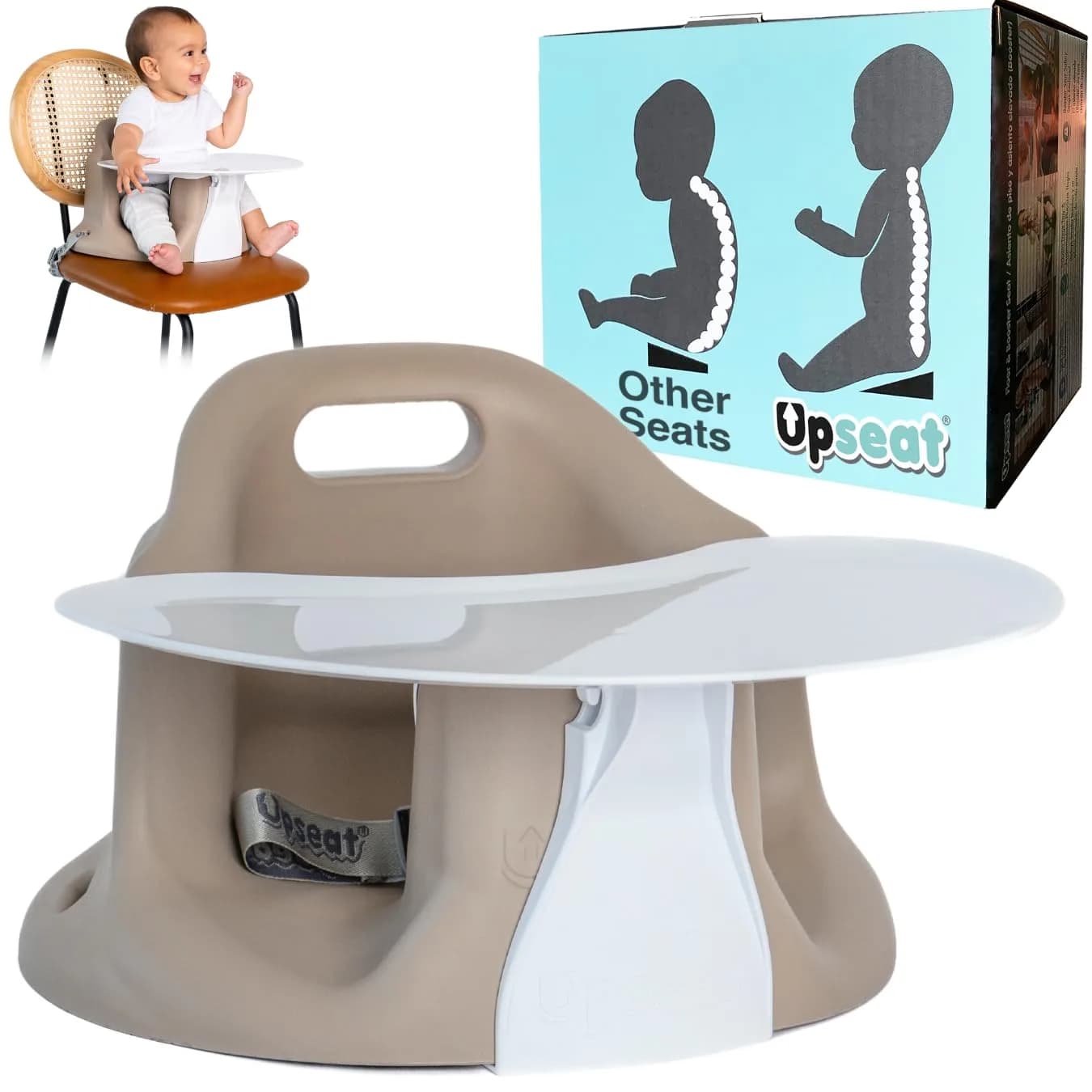 Upseat Baby Floor & Booster Seat with Tray | Ergonomic Design for Healthy Hip Development (4-24 Months, Taupe)