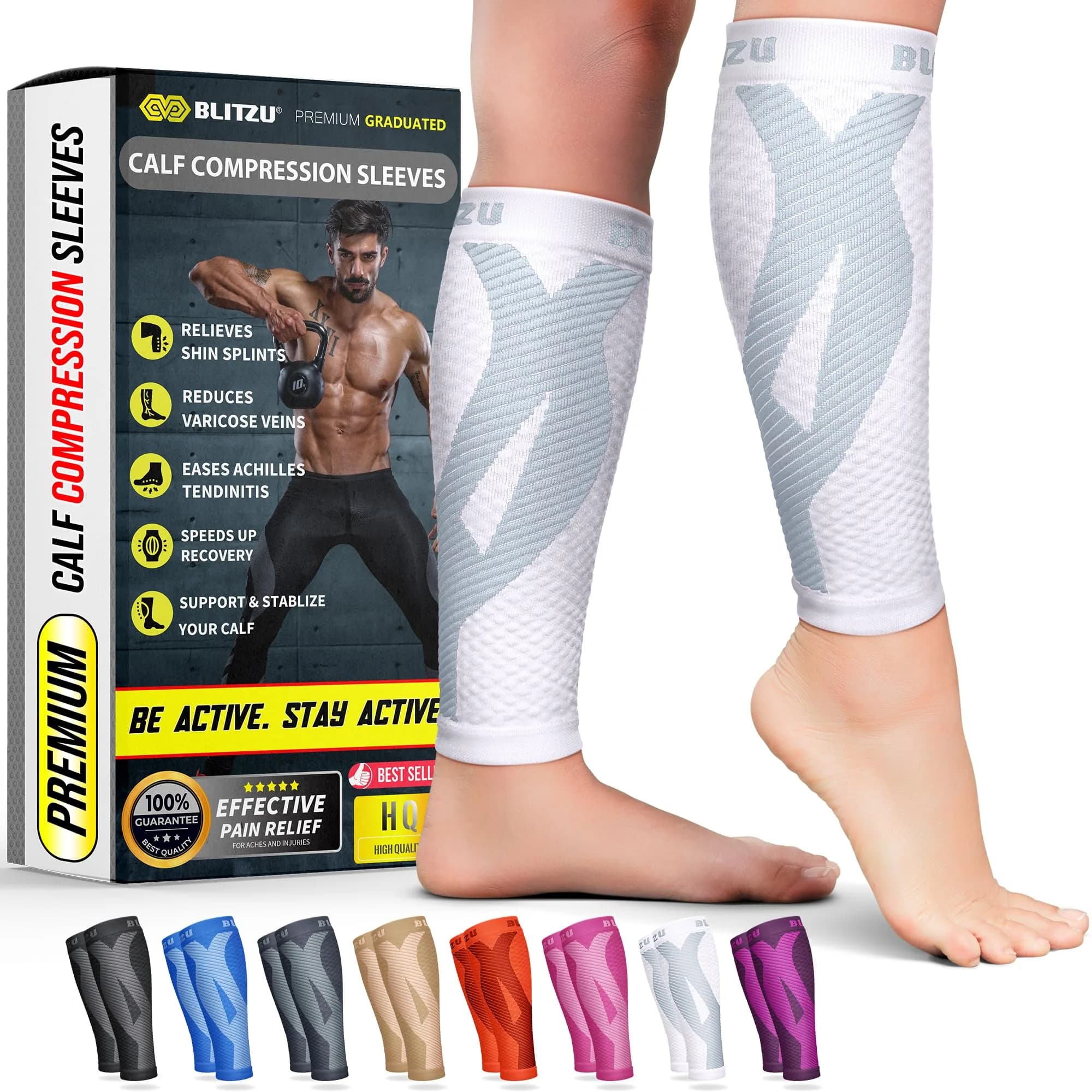BLITZU Calf Compression Sleeves White 3XL | Orthopedic Brace for Shin Splints & Varicose Veins