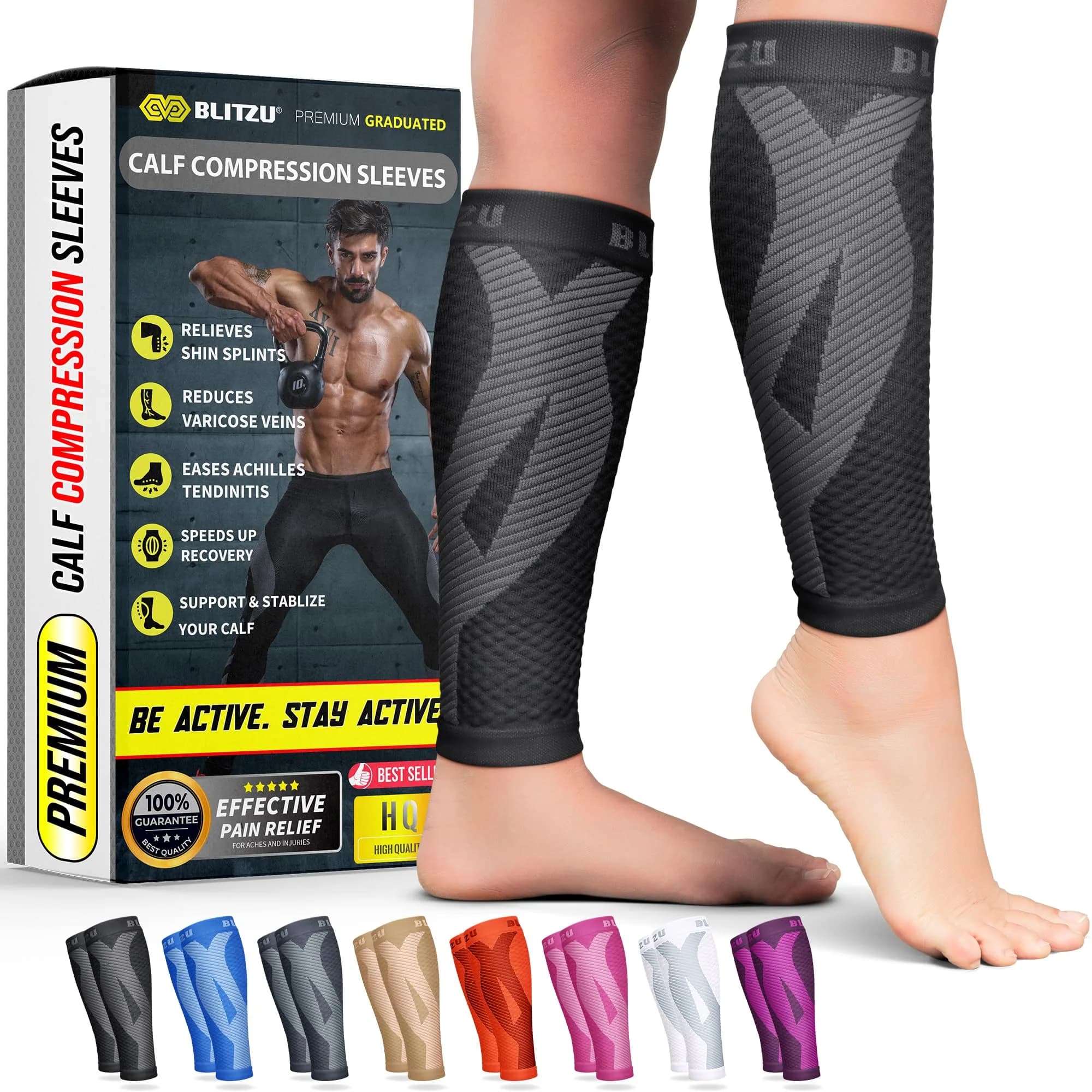 BLITZU Black 3XL Calf Compression Sleeves - Orthopedic Brace for Shin Splints & Varicose Veins