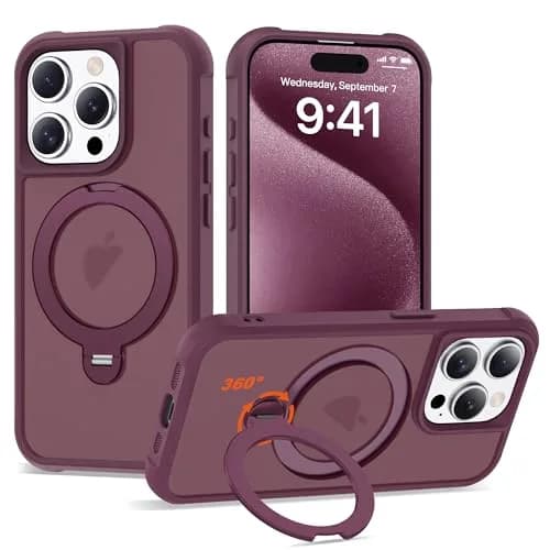 UGENINO Case for iPhone 15 Pro 6.1" | Magnetic 360° Spin Stand, Shockproof, Wine Red thumbnail 1