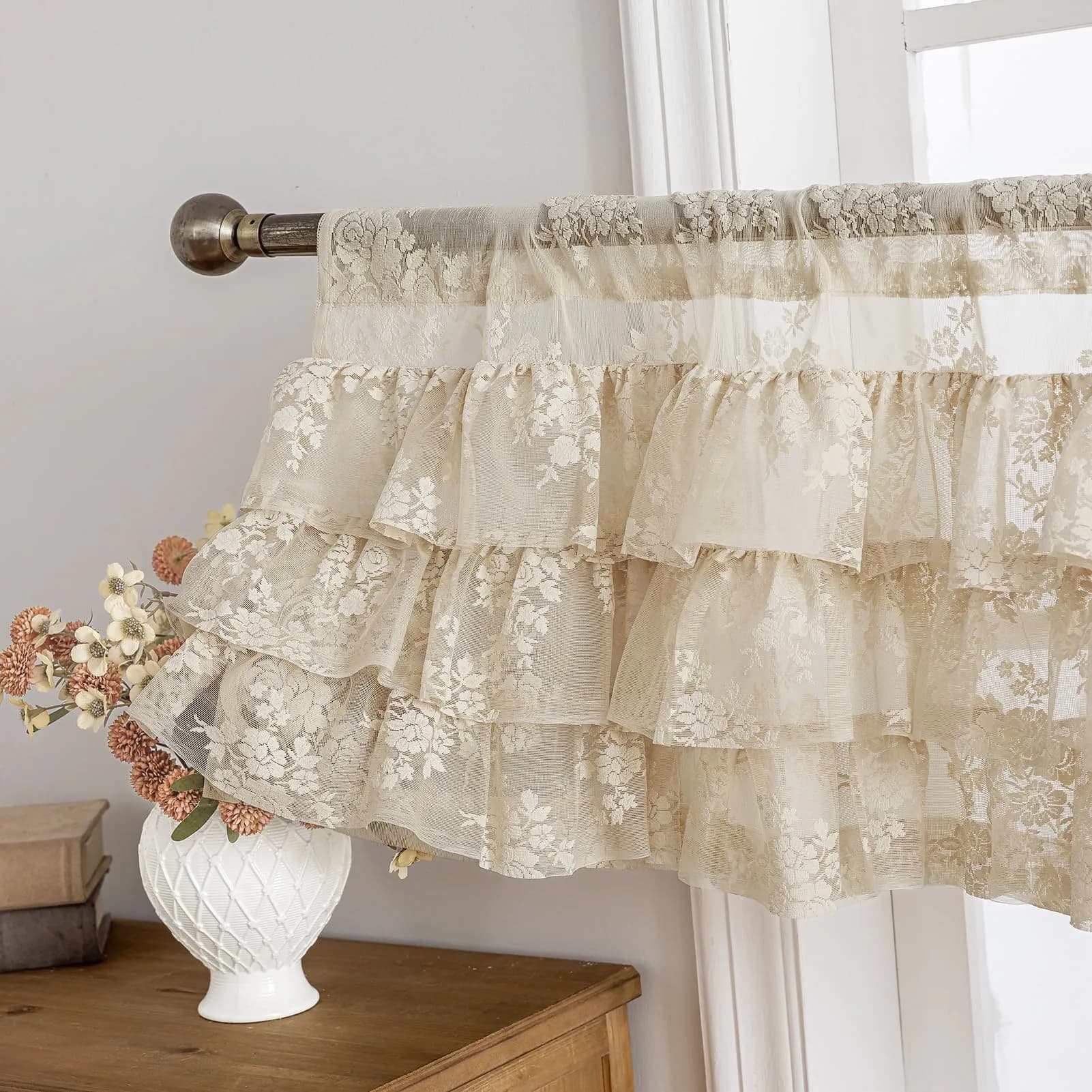 Kotile Beige Lace Ruffle Valance 52"W x 18"L | Vintage Floral Cottagecore Sheer Window Topper - main product image