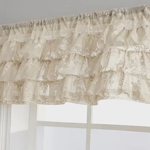 Kotile Beige Lace Ruffle Valance 52"W x 18"L | Vintage Floral Cottagecore Sheer Window Topper thumbnail 4