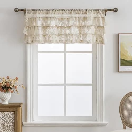 Kotile Beige Lace Ruffle Valance 52"W x 18"L | Vintage Floral Cottagecore Sheer Window Topper thumbnail 5