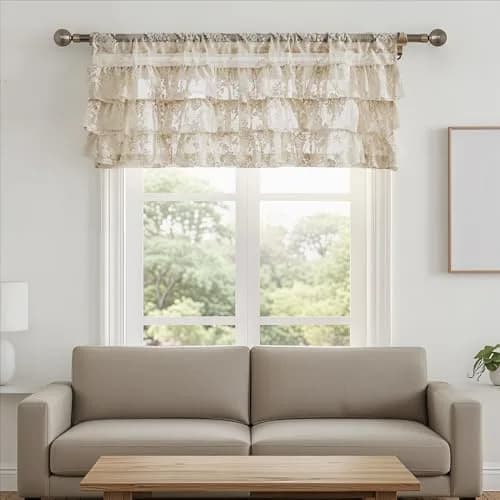 Kotile Beige Lace Ruffle Valance 52"W x 18"L | Vintage Floral Cottagecore Sheer Window Topper thumbnail 8