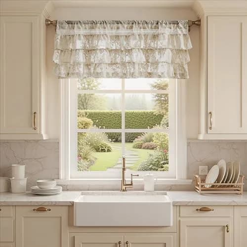 Kotile Beige Lace Ruffle Valance 52"W x 18"L | Vintage Floral Cottagecore Sheer Window Topper thumbnail 2