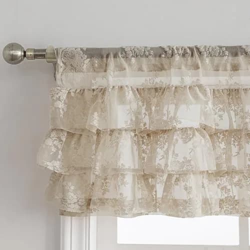Kotile Beige Lace Ruffle Valance 52"W x 18"L | Vintage Floral Cottagecore Sheer Window Topper thumbnail 3