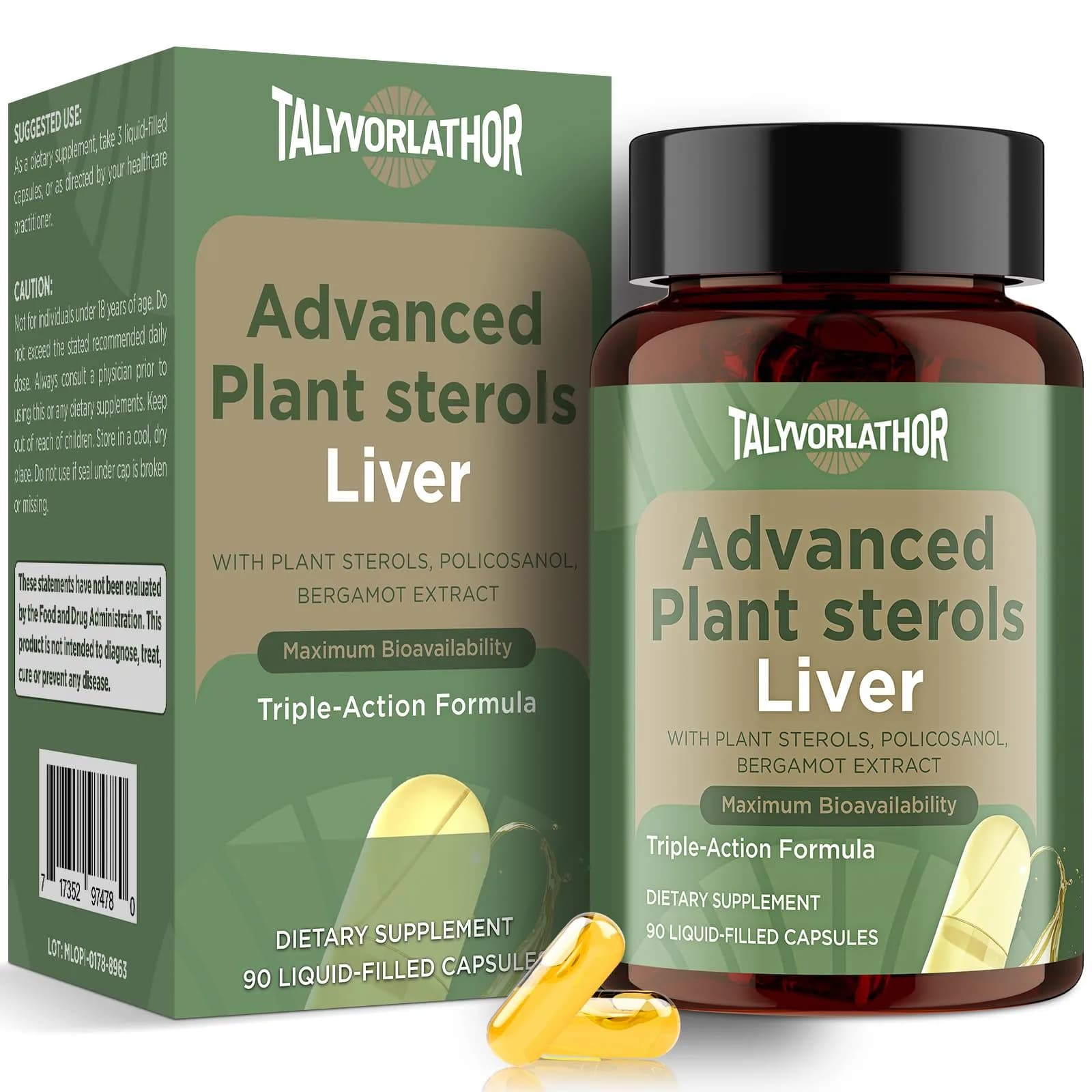 Talyvorlathor Advanced Cholesterol Lowering Supplements | Liquid Capsules for Fast Absorption | Plant Sterols, Policosanol, Bergamot | 90 Softgels — Yellow