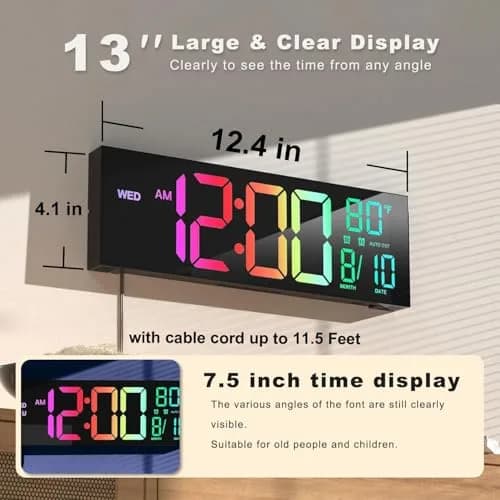 JALL 13" Digital Wall Clock with Alarm & Timer | Large LED Display, Auto DST, Temperature, RGB Night Light (13 inches) thumbnail 2