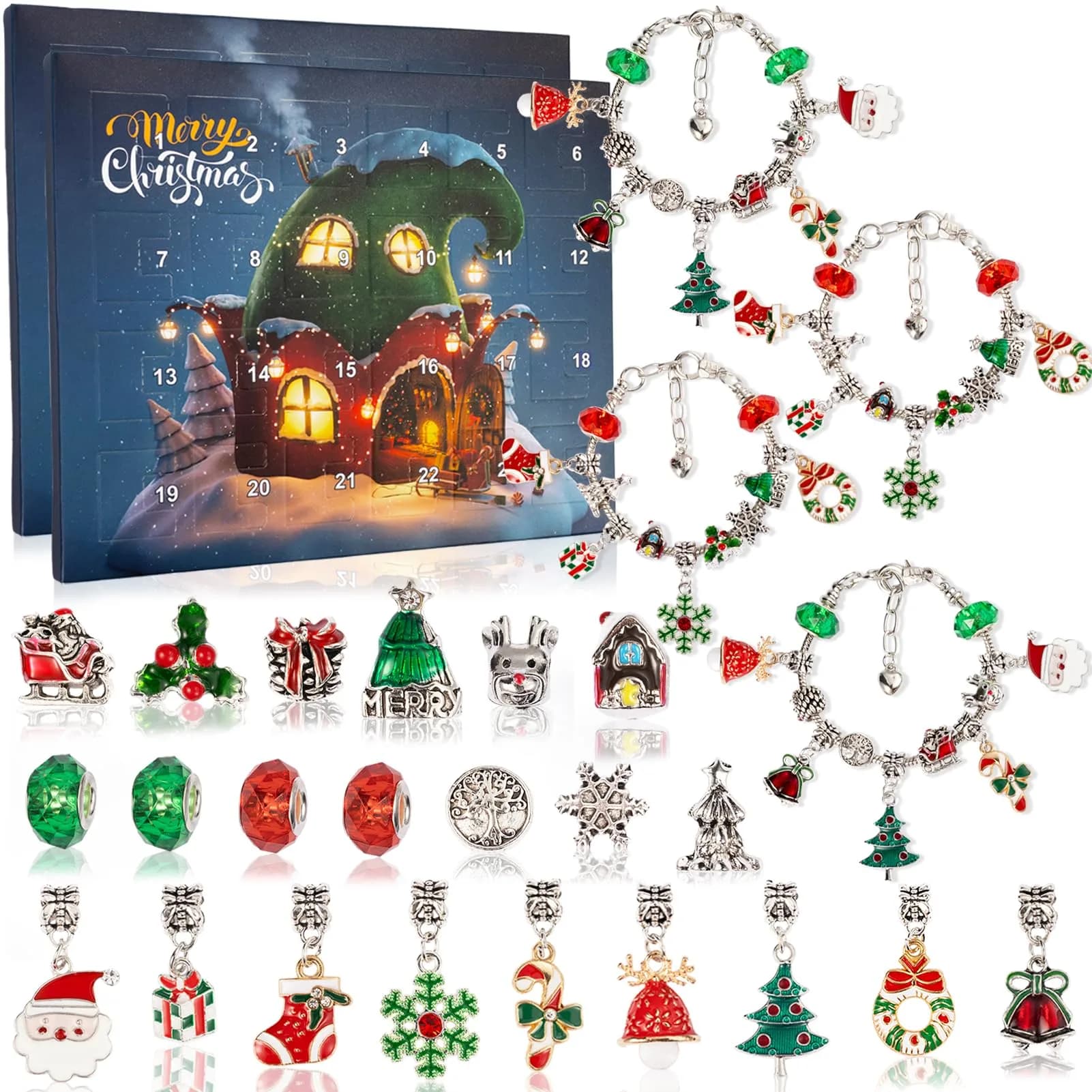 OuMuaMua Christmas Countdown Advent Calendar Bracelets 2026 | DIY Jewelry Kit for Girls & Kids — 2pcs Christmas Bracelet