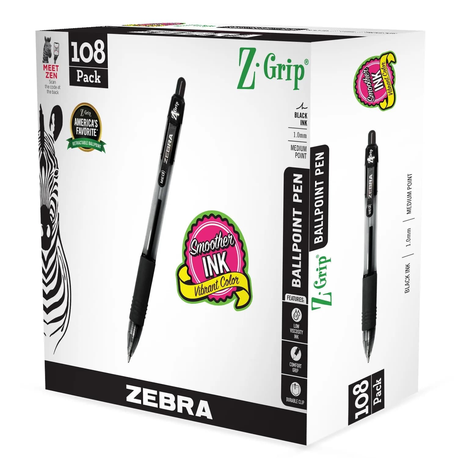 Zebra Pen Z-Grip Retractable Ballpoint Pens, Black Ink, 1.0mm Medium Point, 48 Bulk-Pack | Smooth Writing for Students & Professionals — Black K
