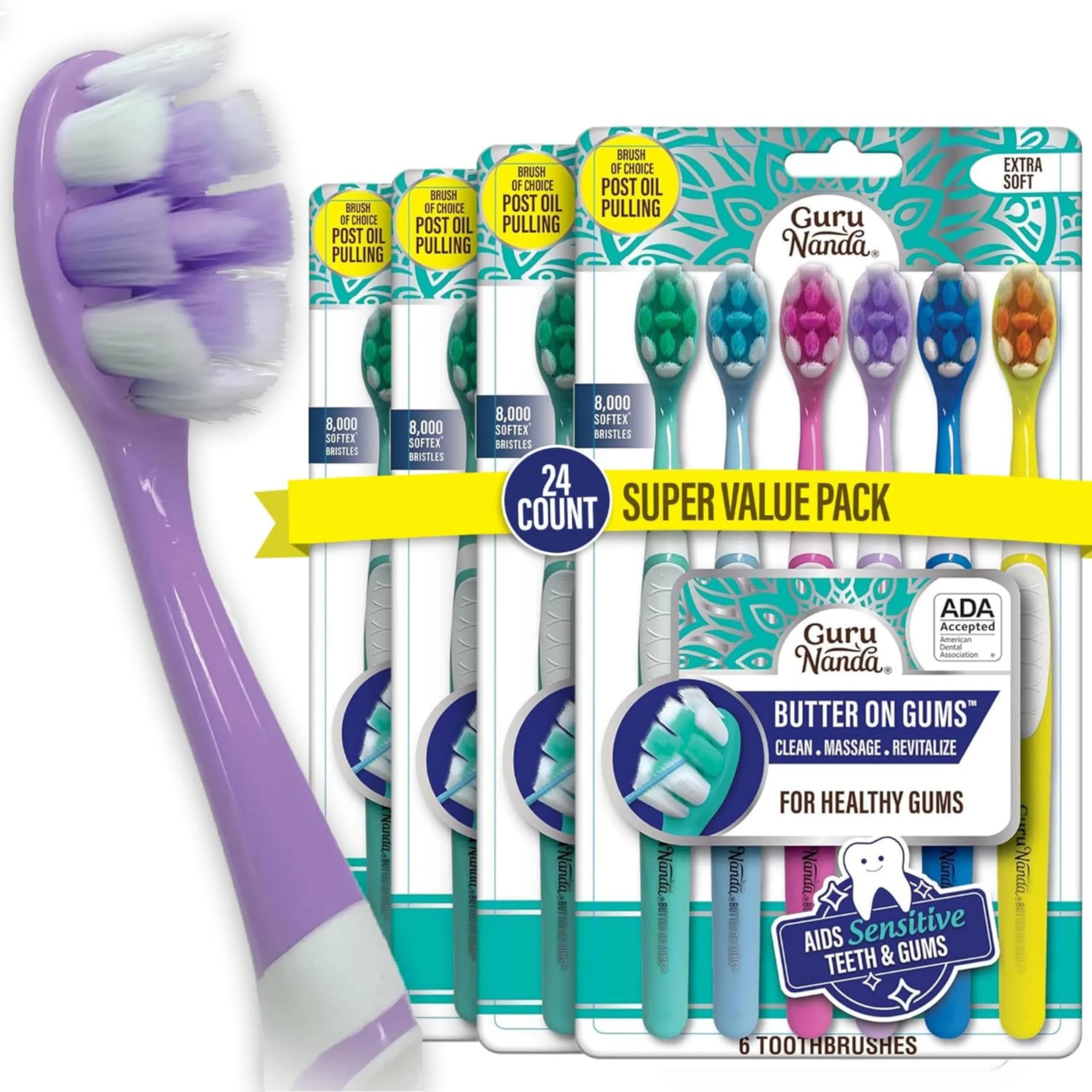 GuruNanda Butter on Gums Toothbrush 6 Ct (Pack of 4) | ADA Accepted Ultra Soft Bristles for Sensitive Gums