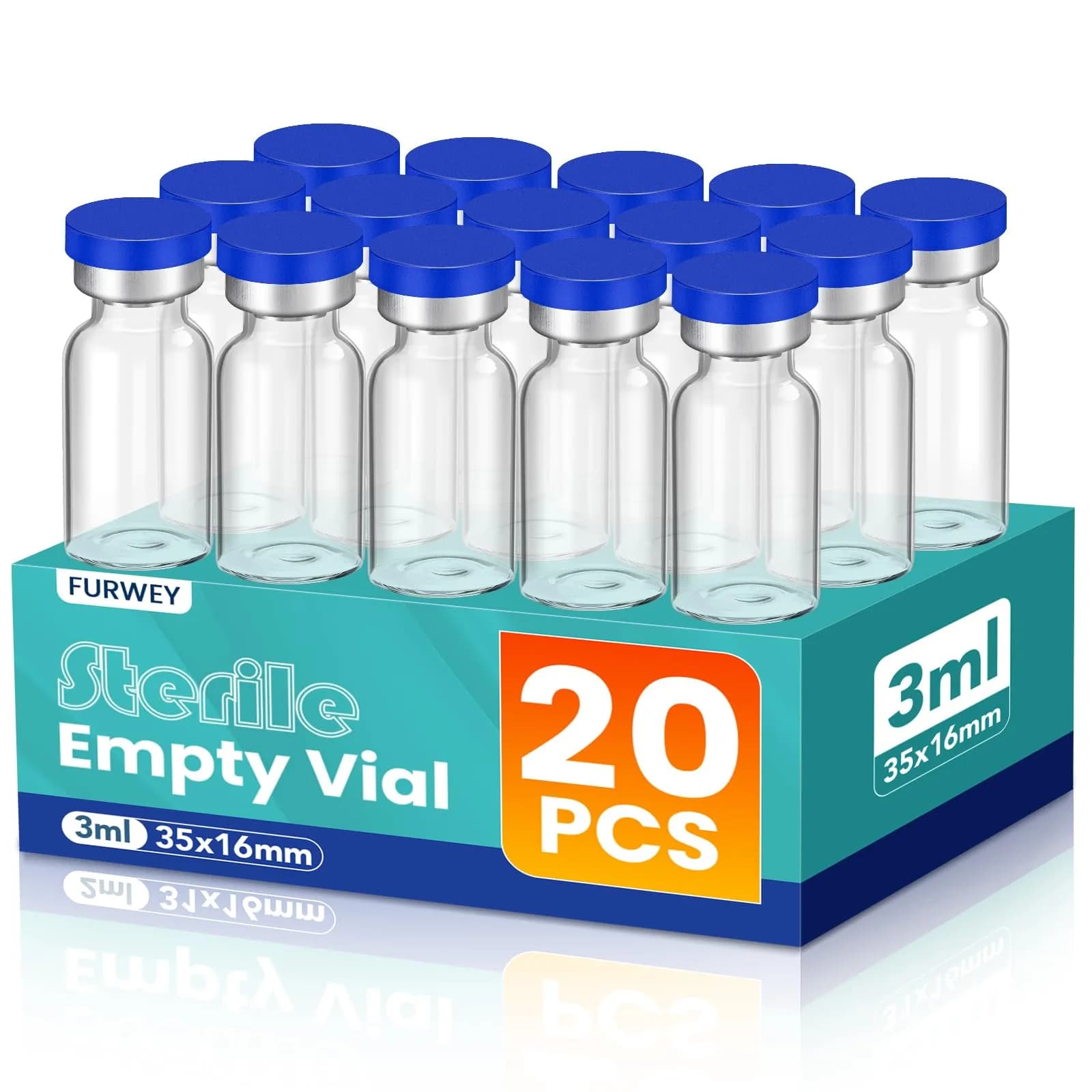 FURWEY 10ML Sterile Vials with Injection Ports, 20 Pack | Borosilicate Glass for High/Low Temp Resistance — 3ML-20P
