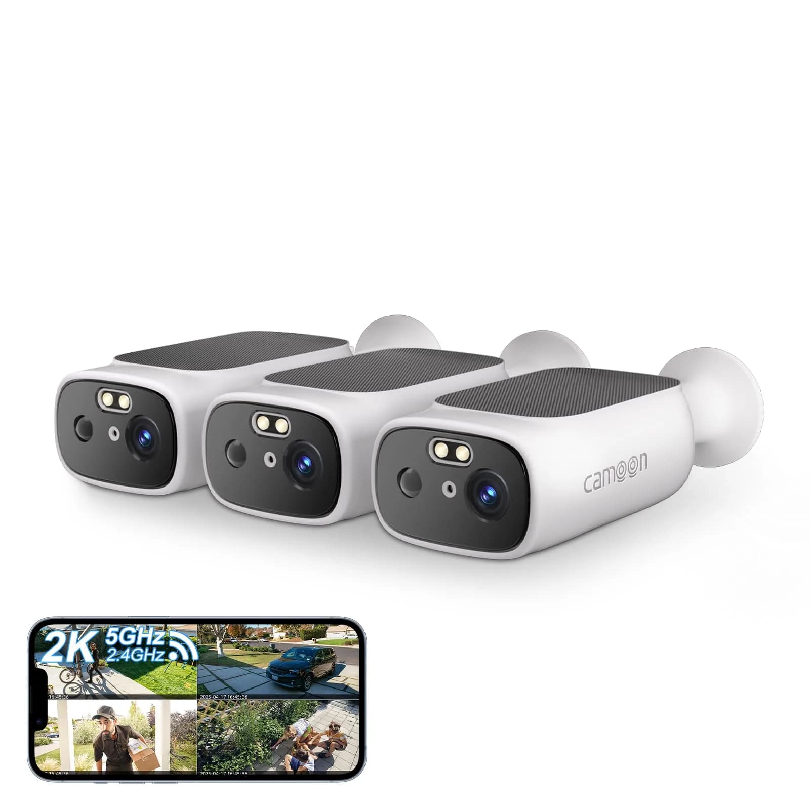 Camoon 2K Solar Security Camera Wireless Outdoor with Built-in Solar Panel & 9600mAh Battery | AI Motion Detection, Color Night Vision, 2-Way Audio — White