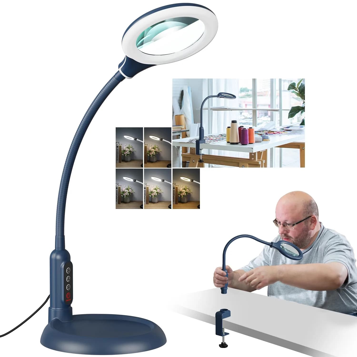 RackydigPro 12X Magnifying Glass with Light and Stand | 3.75-inch Real Glass Lens, 5 Color Modes, Brightness Stepless Dimming, Blue - main product image