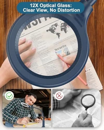 RackydigPro 12X Magnifying Glass with Light and Stand | 3.75-inch Real Glass Lens, 5 Color Modes, Brightness Stepless Dimming, Blue thumbnail 3