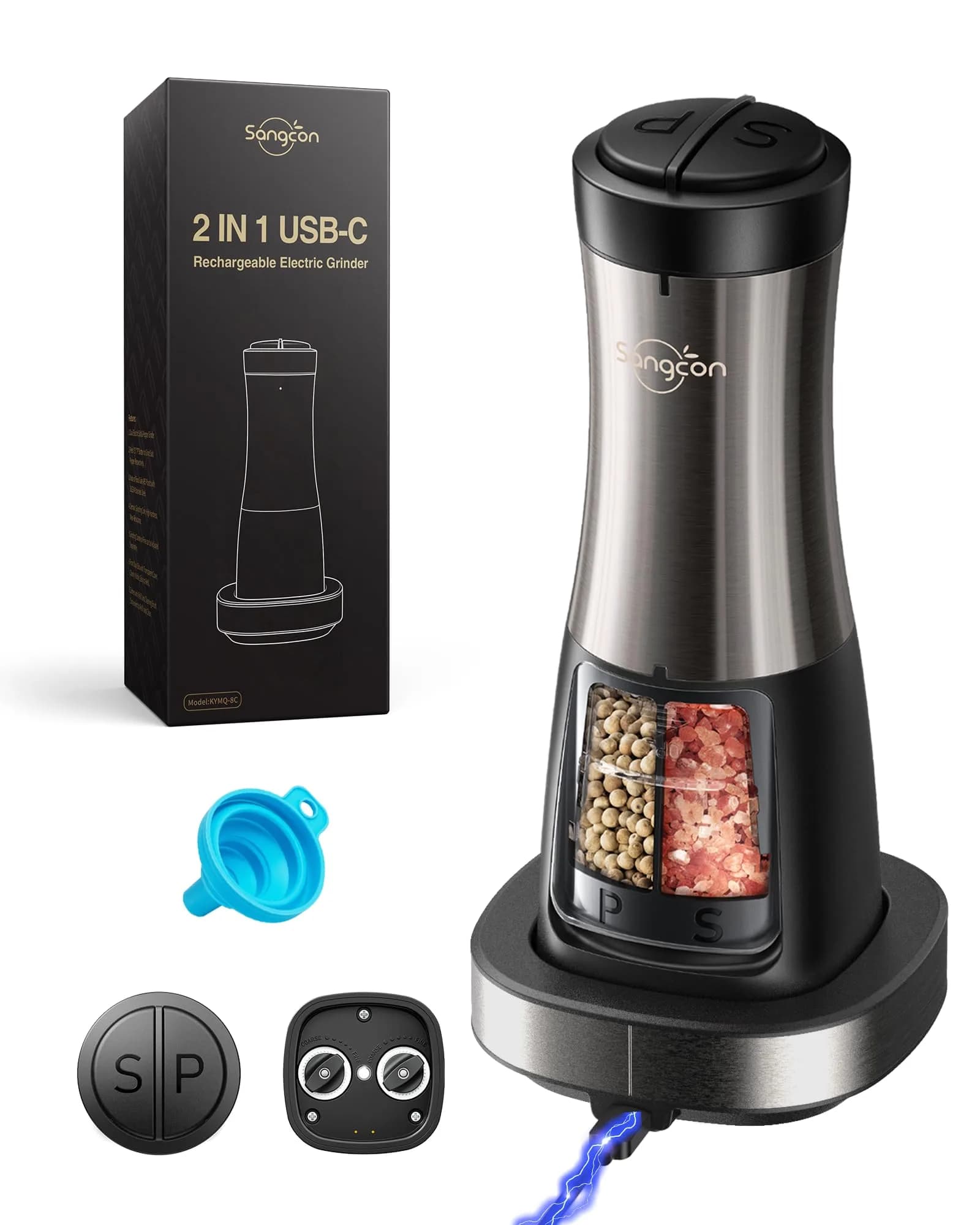 Sangcon 2-in-1 Rechargeable Salt and Pepper Grinder Set with USB-C Base & Light | Gunmetal Plus