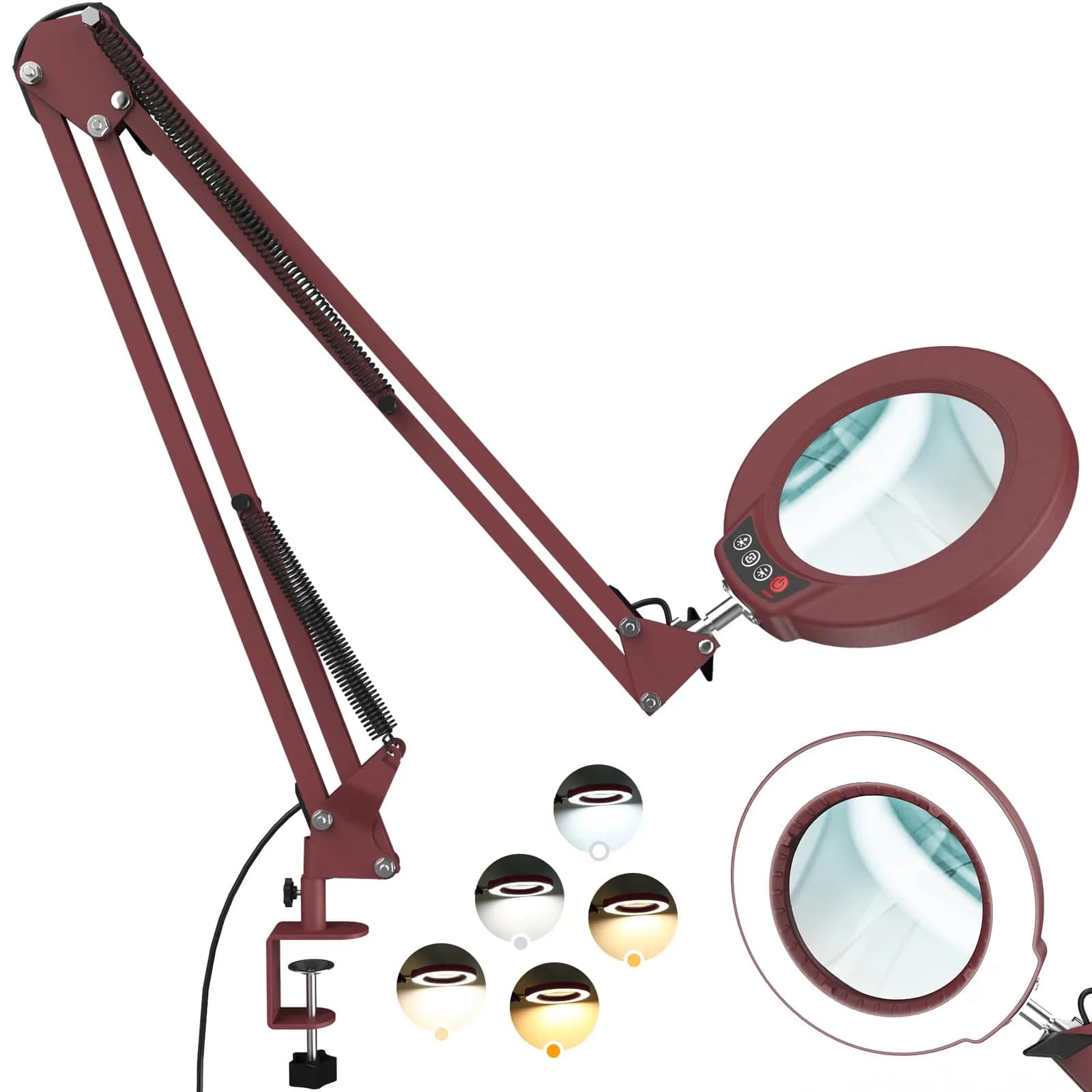 Krstlv Magnifier with Light & Clamp 12X | Adjustable Swing Arm Desk Lamp, Real Glass, 5 Color Modes, Dimmable, Blue — Red / 12X 32inch Clamp