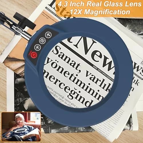 Krstlv Magnifier with Light & Clamp 12X | Adjustable Swing Arm Desk Lamp, Real Glass, 5 Color Modes, Dimmable, Blue thumbnail 4