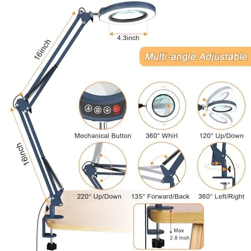 Krstlv Magnifier with Light & Clamp 12X | Adjustable Swing Arm Desk Lamp, Real Glass, 5 Color Modes, Dimmable, Blue thumbnail 3