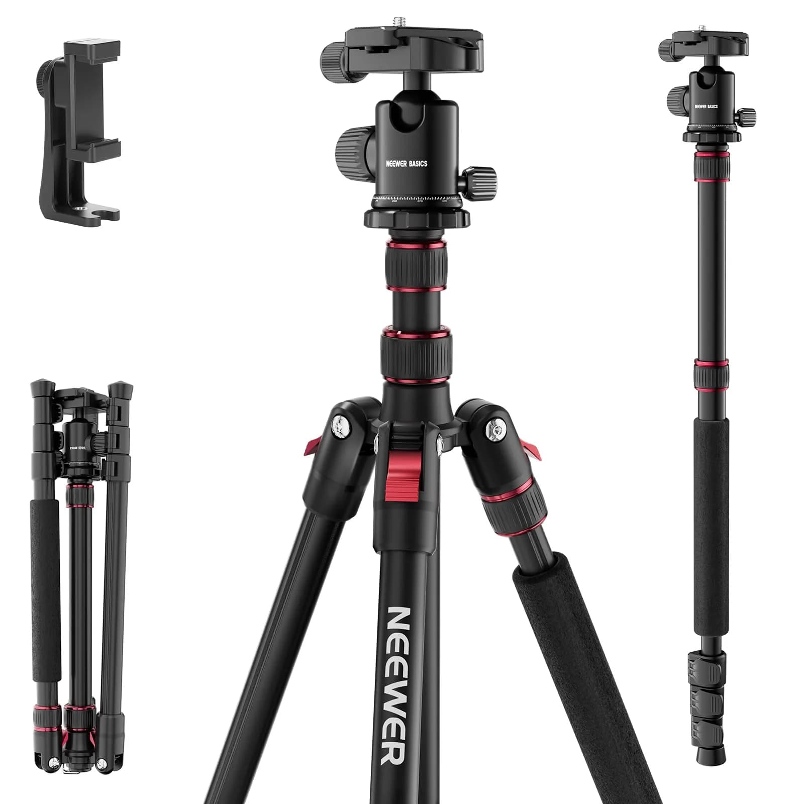 NEEWER Camera Tripod Monopod, 71" Aluminum Heavy Duty Travel Stand with 360° Ball Head & Phone Holder - main product image